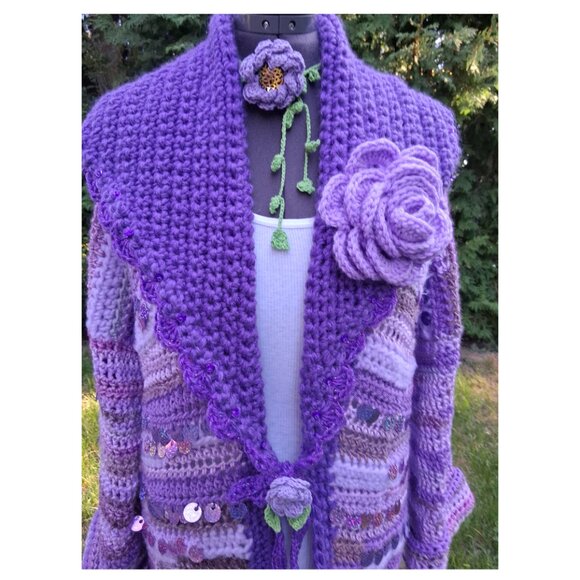 Purple Sequin Floral One of a Kind Sweater L/XL - Picture 4 of 10